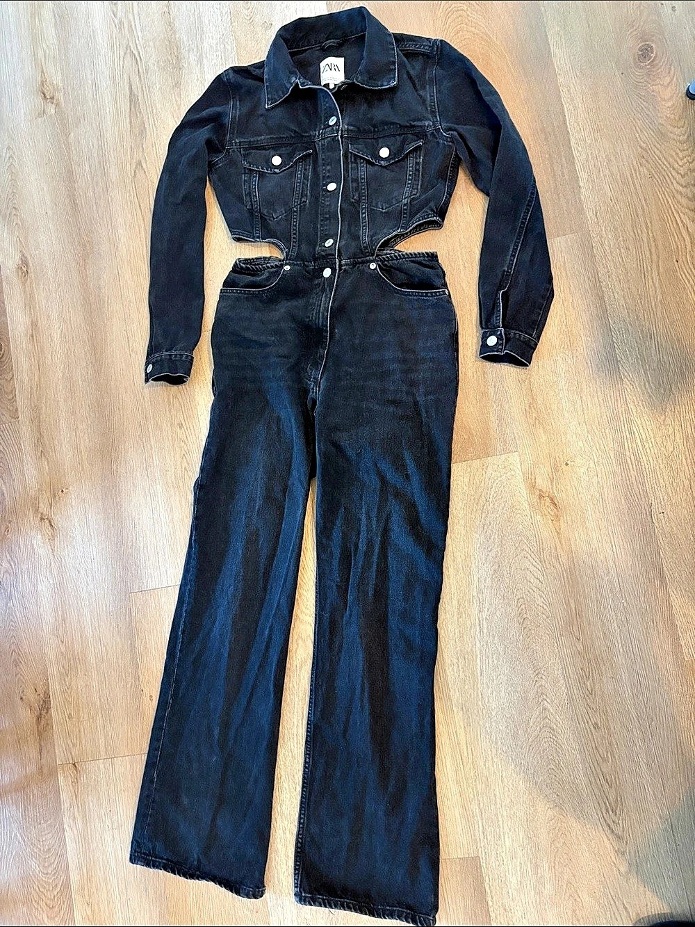 Zara Cut Out Denim Jumpsuit Black Wide-Leg Size Medium